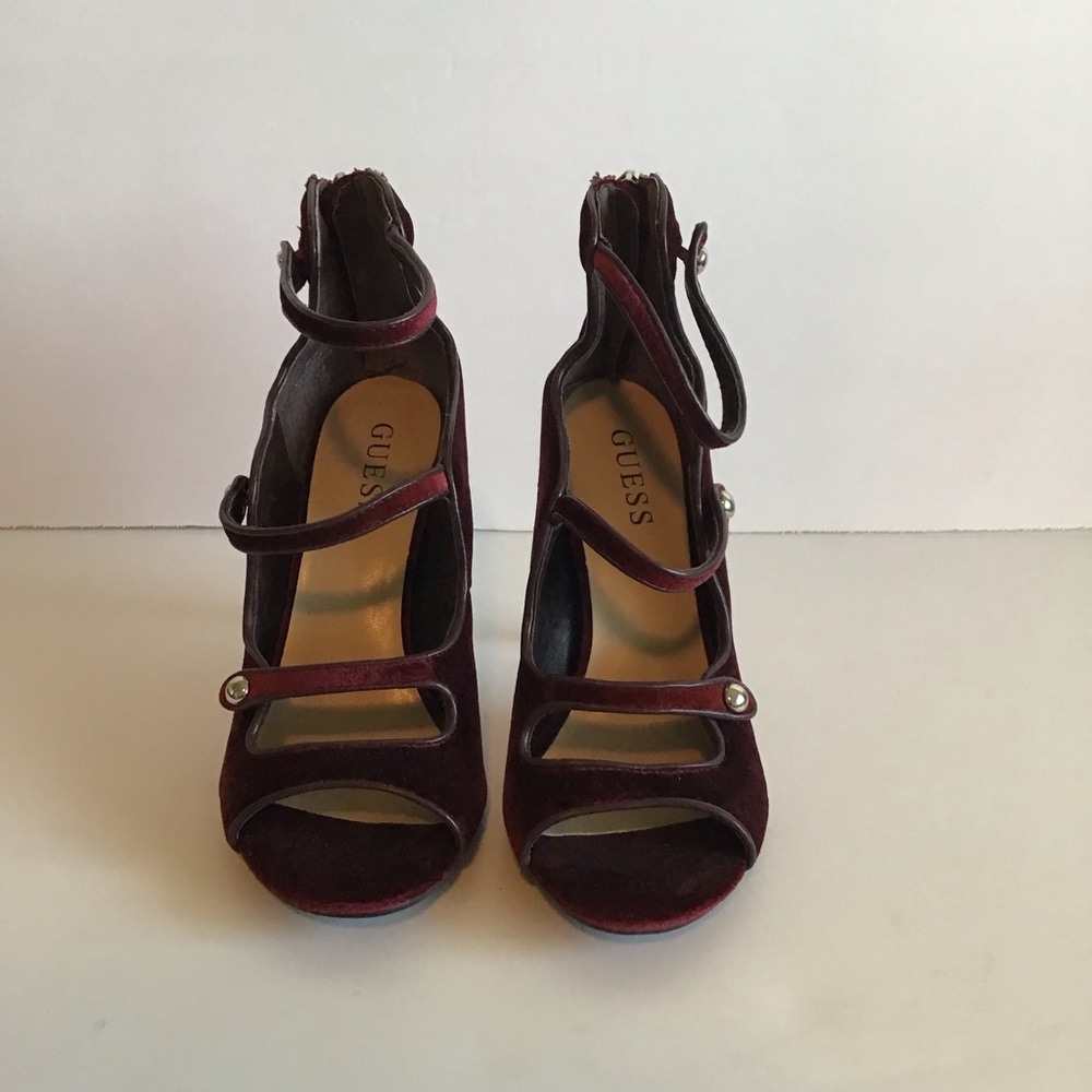 Guess Wine Velvet Strappy Stilleto Heels Sz 8.5